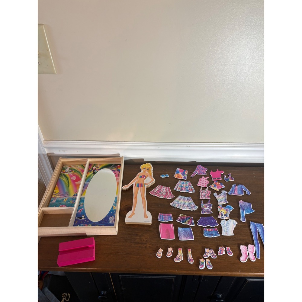 Lisa Frank Magnetic Wooden Dress Up Doll Set with Storage Tray and Mirror